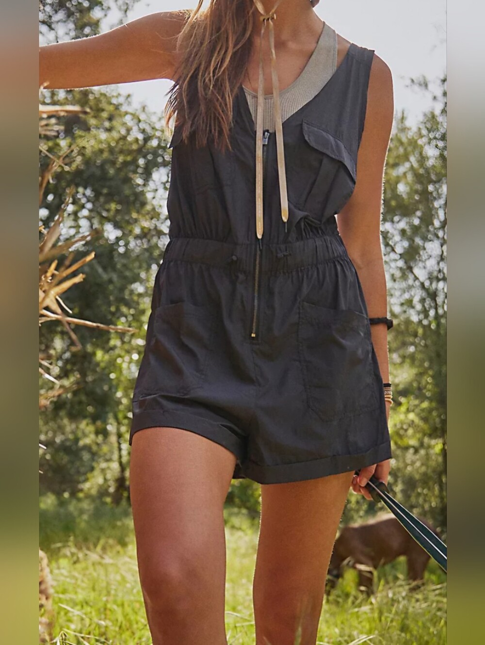 FP Movement by Free People Woman's Sleeveless Utility Romper in Teal Gorpcore